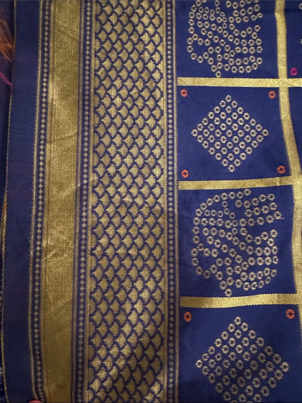 NWT Royal Blue Silk Bandhani Dupatta Scarf with Gold Zari Border & Tassels